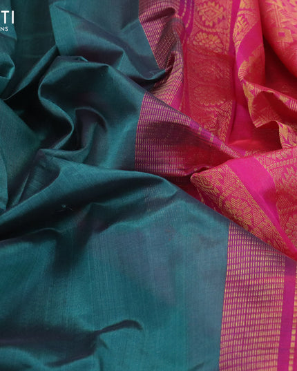 Kuppadam silk cotton saree peacock green and pink with plain body and zari woven border