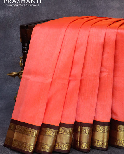 Kuppadam silk cotton saree peach pink and coffee brown with plain body and zari woven border