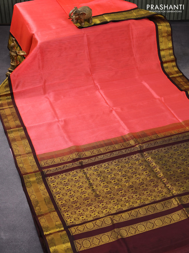 Kuppadam silk cotton saree peach pink and coffee brown with plain body and zari woven border