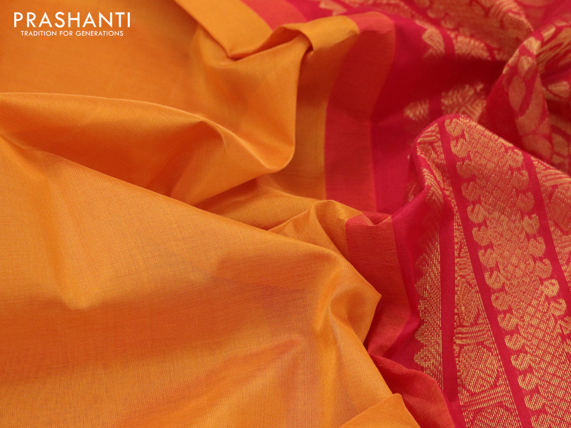 Kuppadam silk cotton saree dark mustard and red with plain body and zari woven border