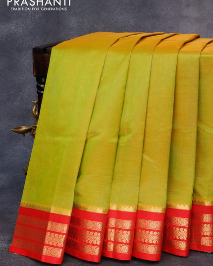 Kuppadam silk cotton saree dual shade of lime green and red with plain body and zari woven border