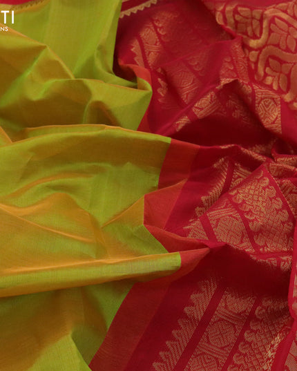 Kuppadam silk cotton saree dual shade of lime green and red with plain body and zari woven border