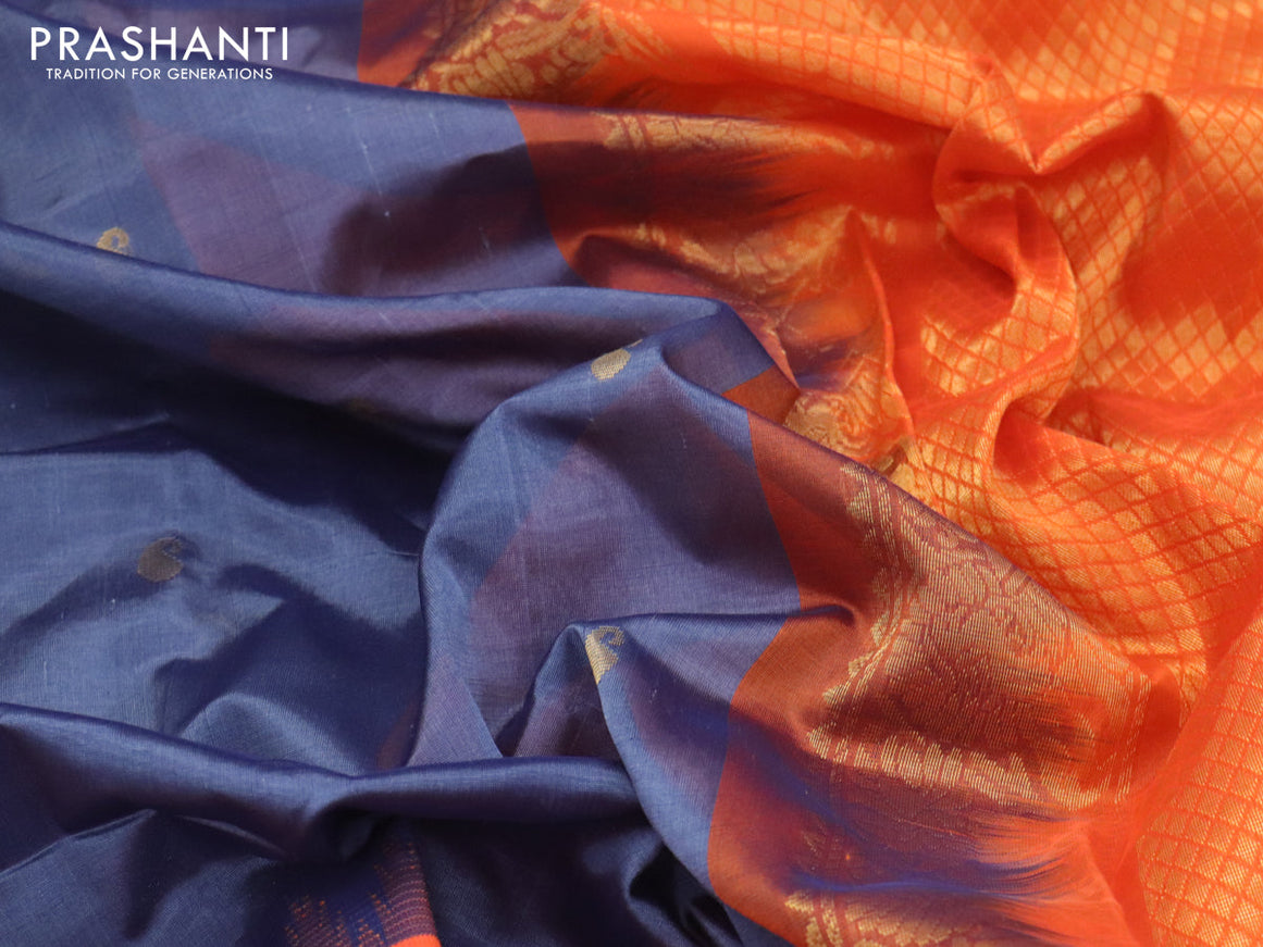 Kuppadam silk cotton saree grey and orange with paisley zari woven buttas and temple design rettapet zari woven border