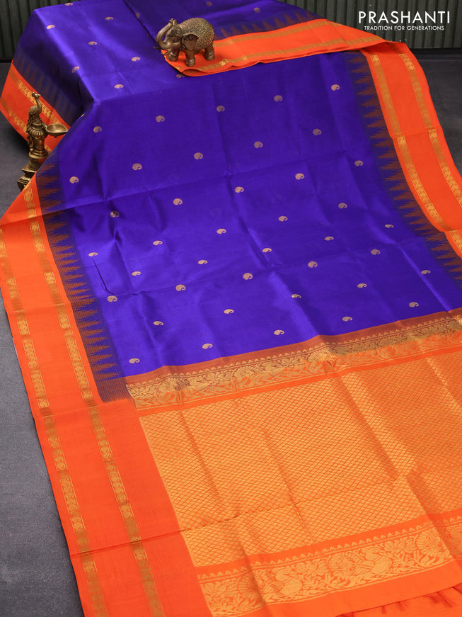 Kuppadam silk cotton saree blue and orange with paisley zari woven buttas and temple design rettapet zari woven border