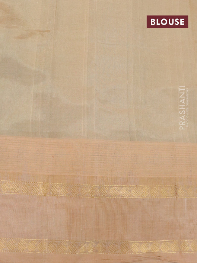 Kuppadam silk cotton saree green and sandal with paisley zari woven buttas and temple design rettapet zari woven border