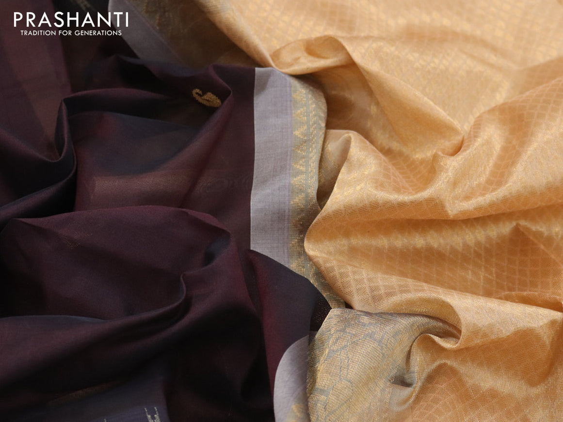Kuppadam silk cotton saree coffee brown and sandal with paisley zari woven buttas and temple design rettapet zari woven border