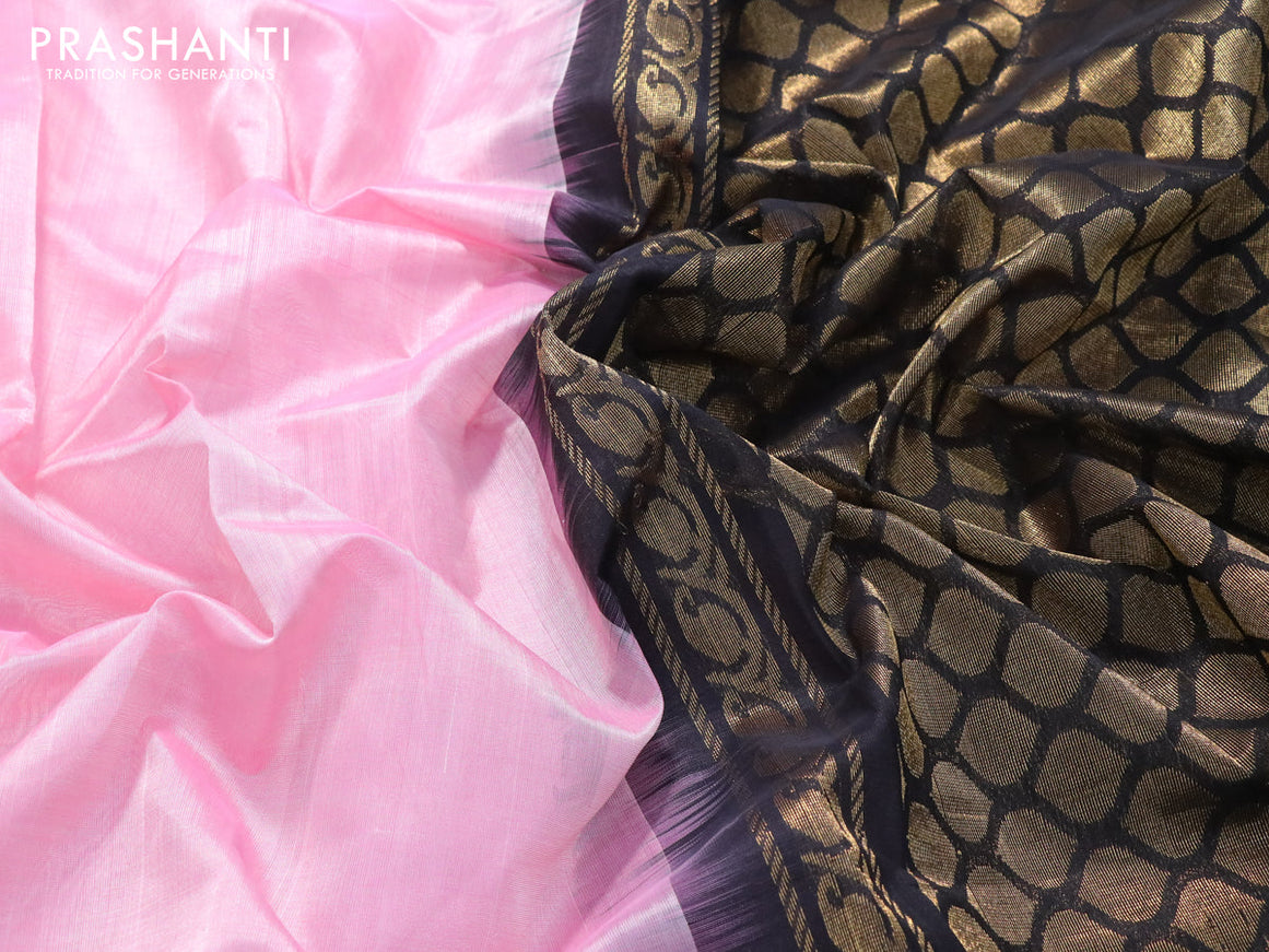 Kuppadam silk cotton saree light pink and black with plain body and temple design zari woven border