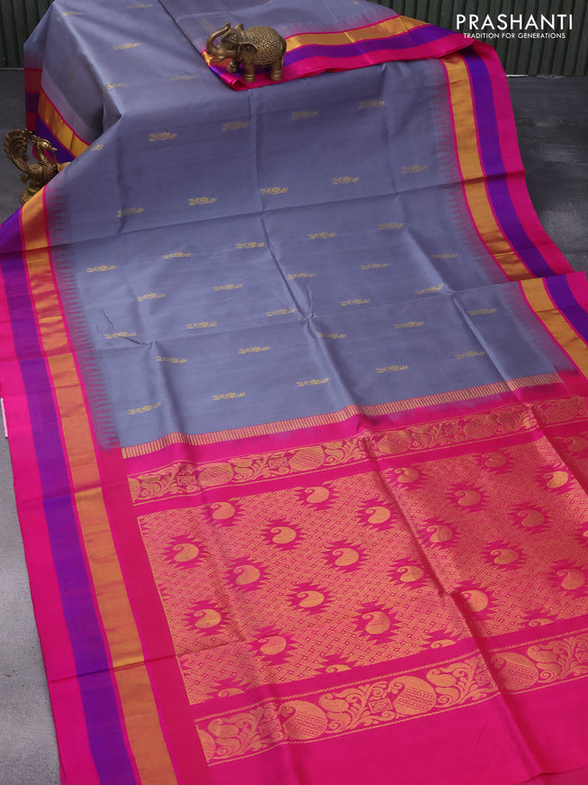 Kuppadam silk cotton saree grey and pink with floral zari woven buttas and temple design zari woven simple border