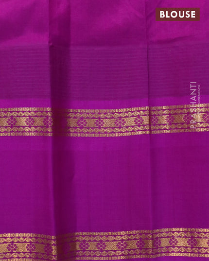 Kuppadam silk cotton saree pista green and purple with zari woven tilak buttas and long temple design zari woven butta border