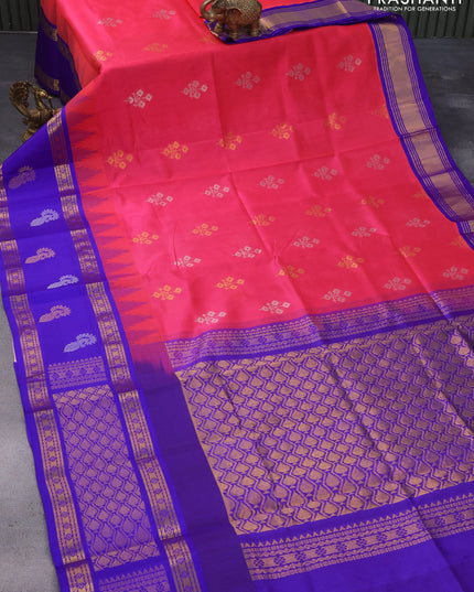 Kuppadam silk cotton saree pink and royal blue with zari woven buttas and long temple design zari woven butta border