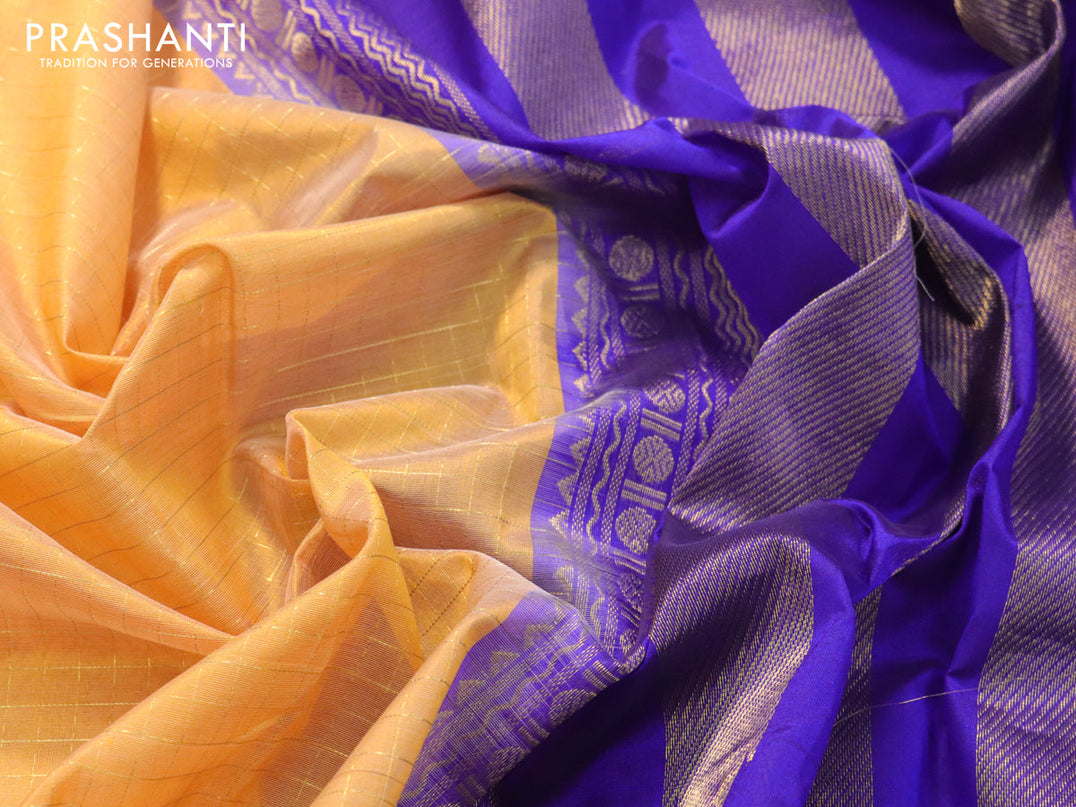 Kuppadam silk cotton saree mustard shade and royal blue with allover zari checked pattern and rudhraksha zari woven rettapet border