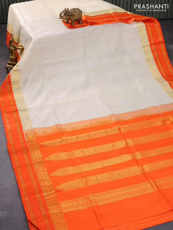 Kuppadam silk cotton saree cream and orange with plain body and rudhraksha zari woven rettapet border
