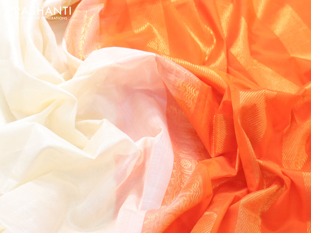 Kuppadam silk cotton saree cream and orange with plain body and rudhraksha zari woven rettapet border