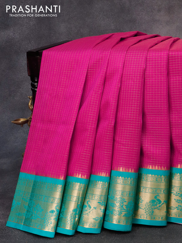 Kuppadam silk cotton saree pink and teal blue with allover zari checked pattern and zari woven peacock border