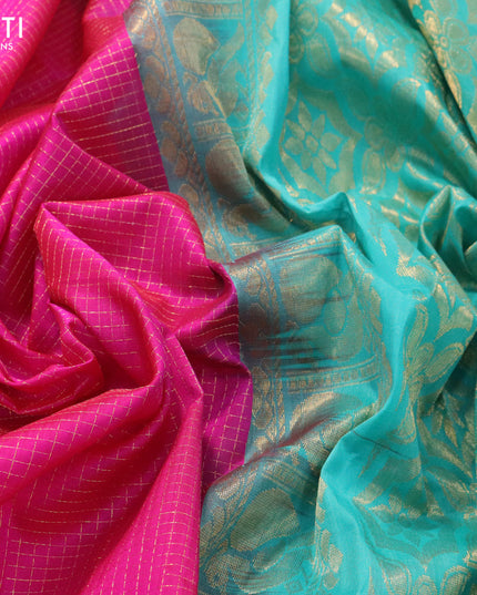 Kuppadam silk cotton saree pink and teal blue with allover zari checked pattern and zari woven peacock border