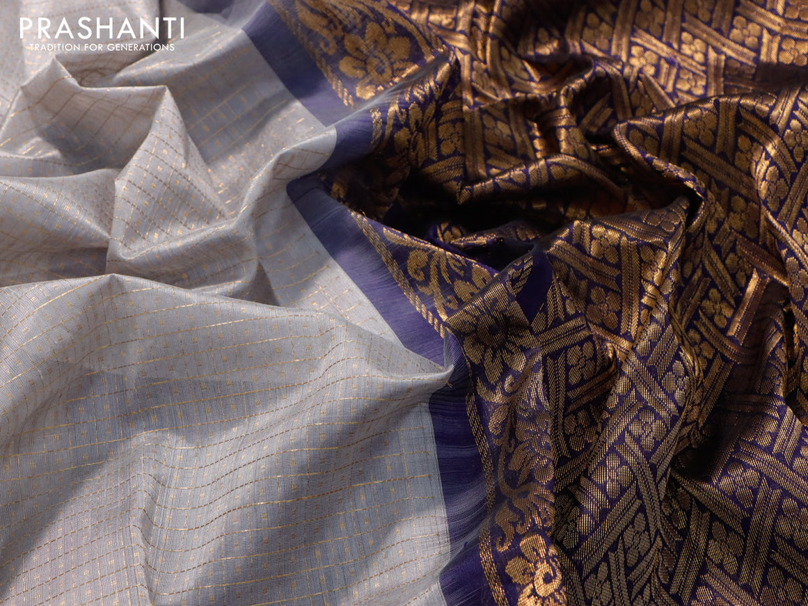 Kuppadam silk cotton saree grey and navy blue with allover zari checks & buttas and temple design zari woven elephnat border