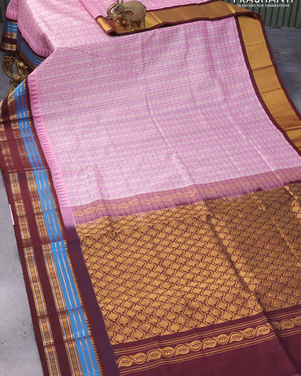 Kuppadam silk cotton saree light pink and coffee brown with allover thread checks & buttas and temple design zari woven border