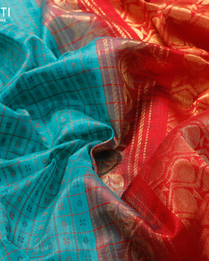 Kuppadam silk cotton saree teal green shade and red with allover thread checks & buttas and temple design zari woven border