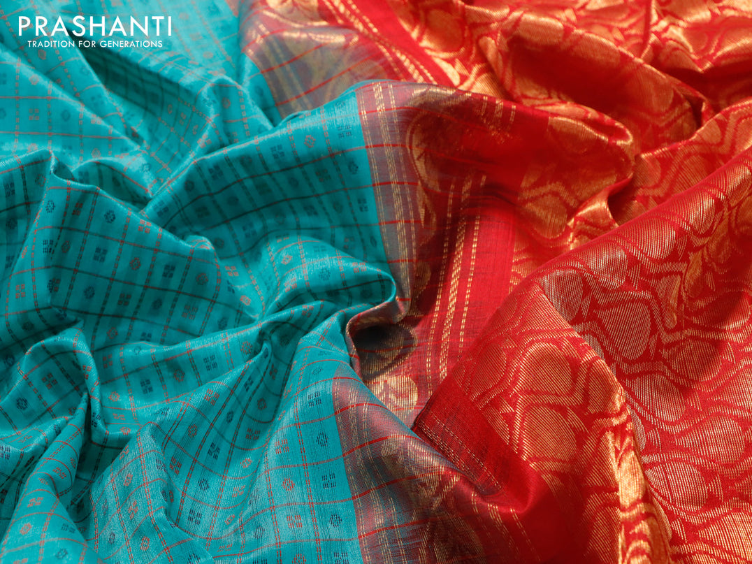 Kuppadam silk cotton saree teal green shade and red with allover thread checks & buttas and temple design zari woven border