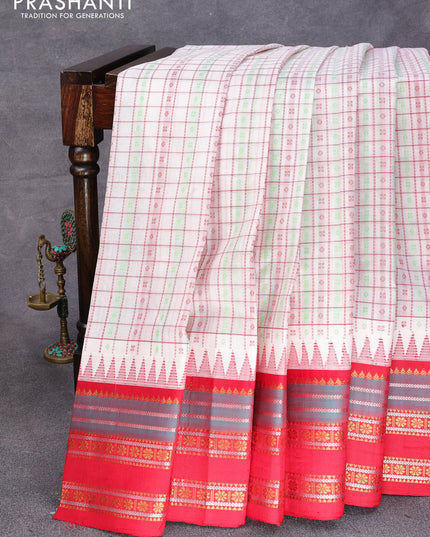 Kuppadam silk cotton saree off white and red with allover thread checks & buttas and temple design zari woven border
