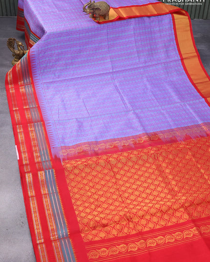 Kuppadam silk cotton saree lavender shade and red with allover thread checks & buttas and temple design zari woven border