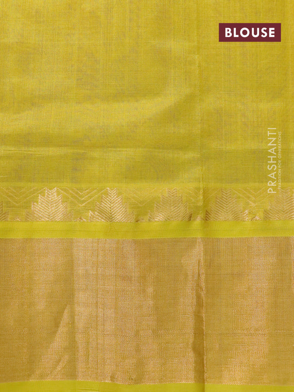 Kuppadam silk cotton saree magenta pink and lime yellow with allover zari checks & buttas and temple design zari woven border