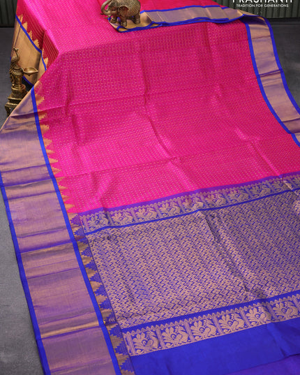 Kuppadam silk cotton saree pink and blue with allover zari checks & buttas and long zari woven border
