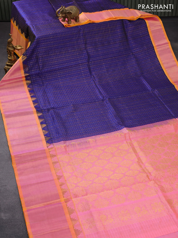 Kuppadam silk cotton saree blue and dual shade of yellow with allover zari checks & buttas and long zari woven border
