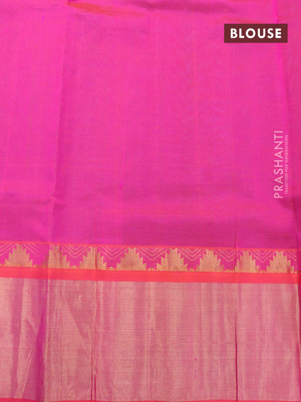 Kuppadam silk cotton saree peacock blue and dual shade of pinkish orange with allover zari checks & buttas and long zari woven border