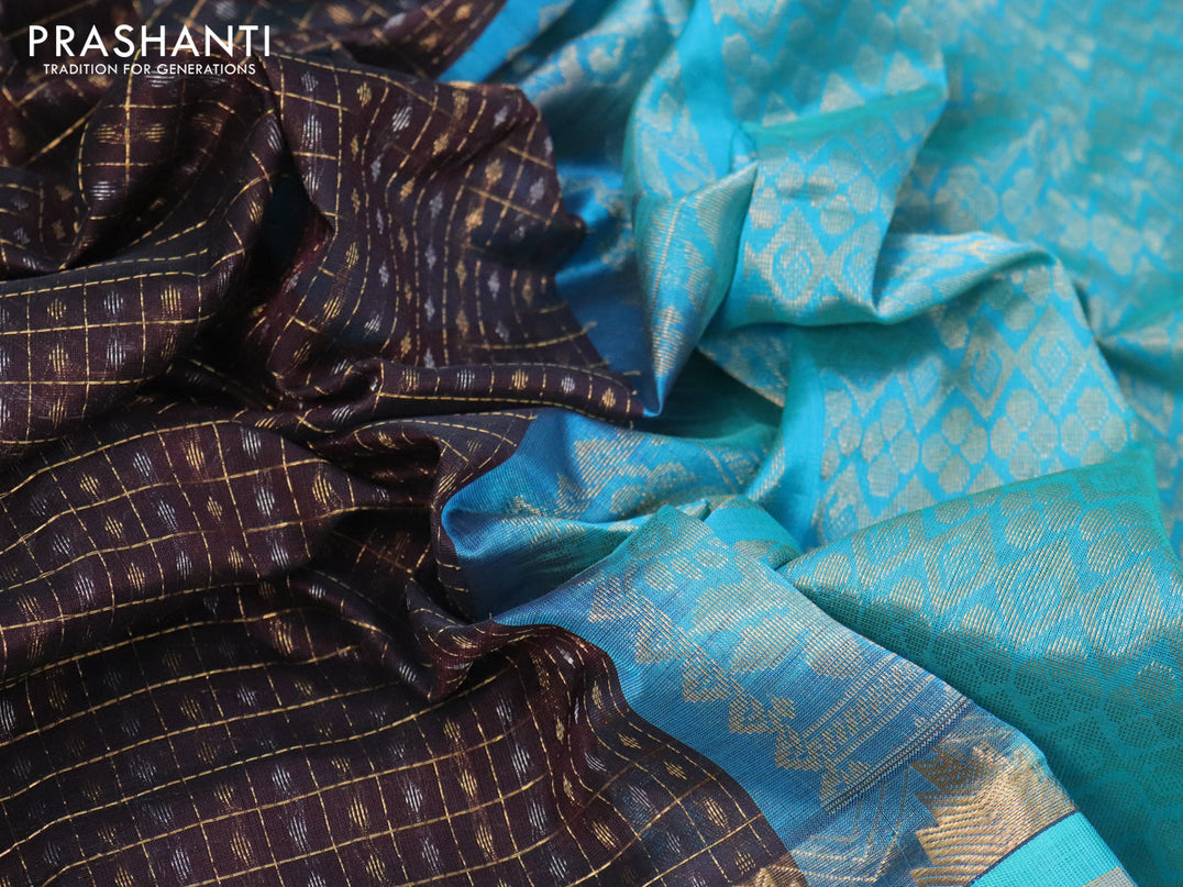 Kuppadam silk cotton saree coffee brown and teal blue with allover zari checks & buttas and long zari woven border