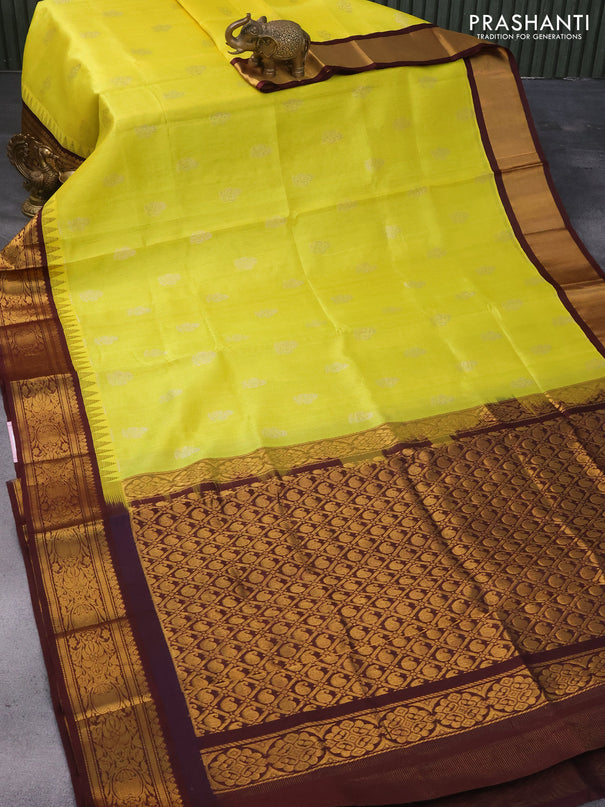 Kuppadam silk cotton saree lime yellow and deep maroon with allover vairaosi pattern & buttas and temple design zari woven border