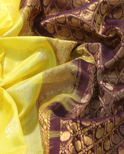 Kuppadam silk cotton saree lime yellow and deep maroon with allover vairaosi pattern & buttas and temple design zari woven border