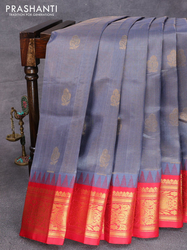 Kuppadam silk cotton saree grey and red with allover vairaosi pattern & buttas and temple design zari woven border