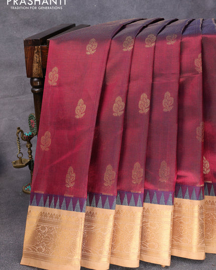 Kuppadam silk cotton saree maroon and sandal with allover vairaosi pattern & buttas and temple design zari woven border