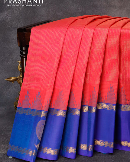Kuppadam silk cotton saree pink shade and blue with allover zari checked pattern and temple design zari woven annam border