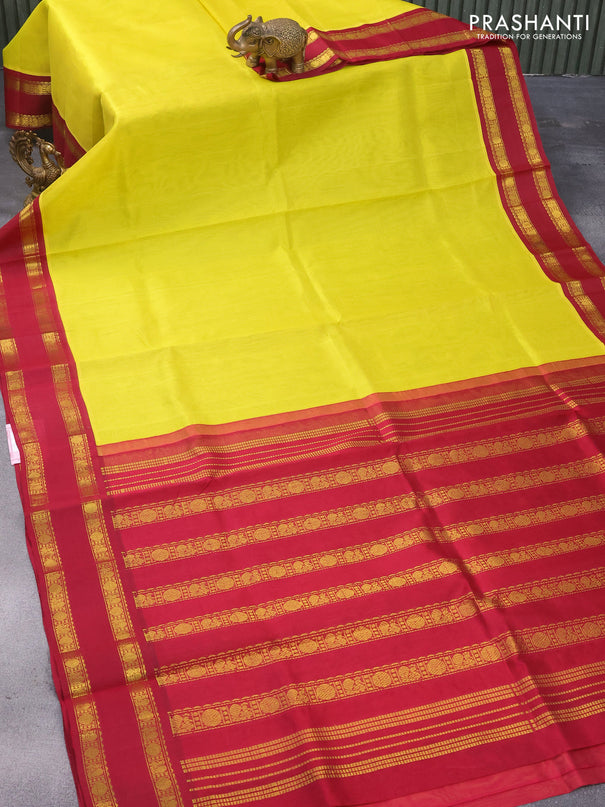 Kuppadam silk cotton saree lime yellow and magenta pink with plain body and rettapet zari woven border