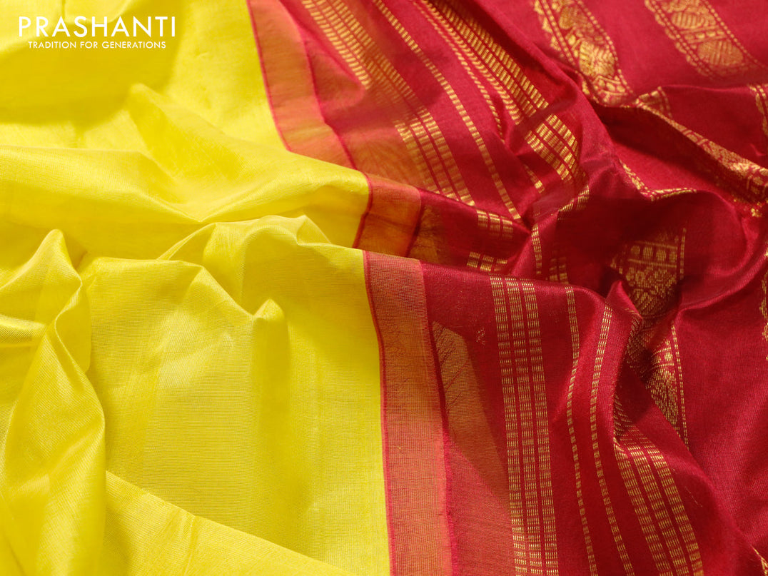 Kuppadam silk cotton saree lime yellow and magenta pink with plain body and rettapet zari woven border