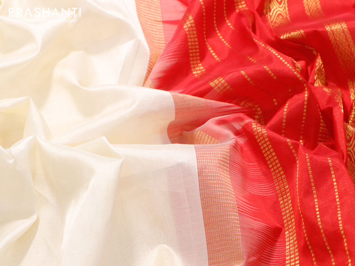 Kuppadam silk cotton saree off white and red with plain body and rettapet zari woven border
