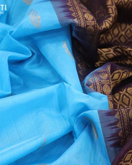 Kuppadam silk cotton saree light blue and coffee brown with zari woven buttas and temple design rudhraksha zari woven border