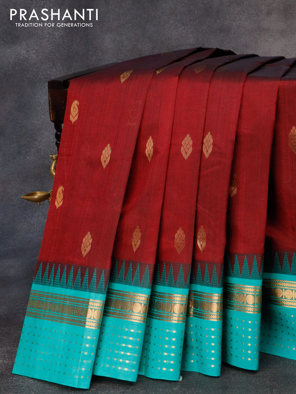 Kuppadam silk cotton saree maroon and teal blue with zari woven buttas and temple design rudhraksha zari woven border