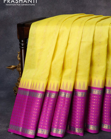 Kuppadam silk cotton saree lime yellow and purple with allover zari wovenn buttas and temple design paisley zari woven border