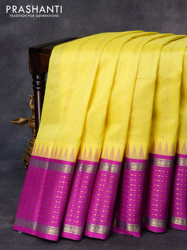 Kuppadam silk cotton saree lime yellow and purple with allover zari wovenn buttas and temple design paisley zari woven border