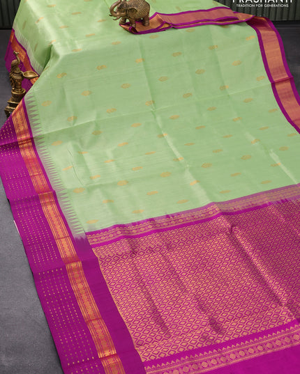 Kuppadam silk cotton saree pista green and purple with zari woven buttas and temple design rudhraksha zari woven border