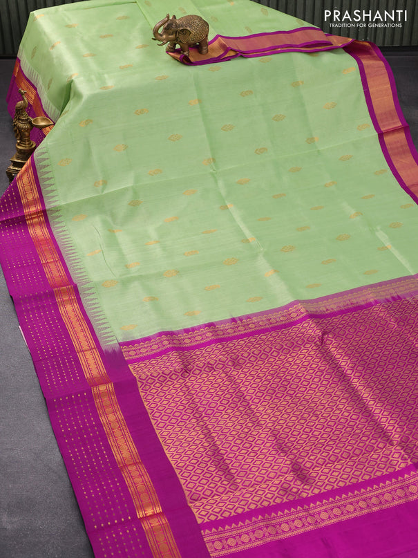 Kuppadam silk cotton saree pista green and purple with zari woven buttas and temple design rudhraksha zari woven border