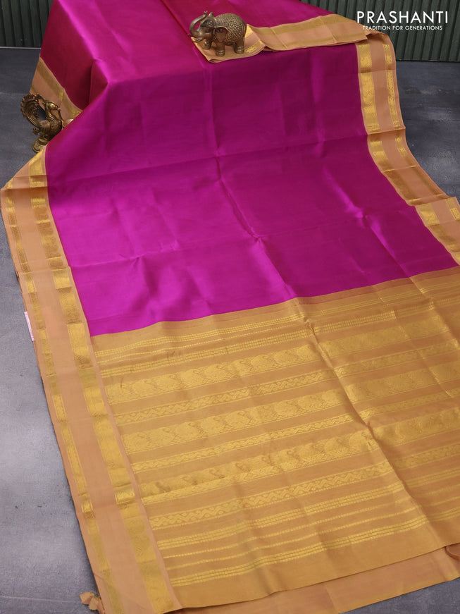 Silk cotton saree purple and sandal with plain body and paisley rettapet zari woven korvai border
