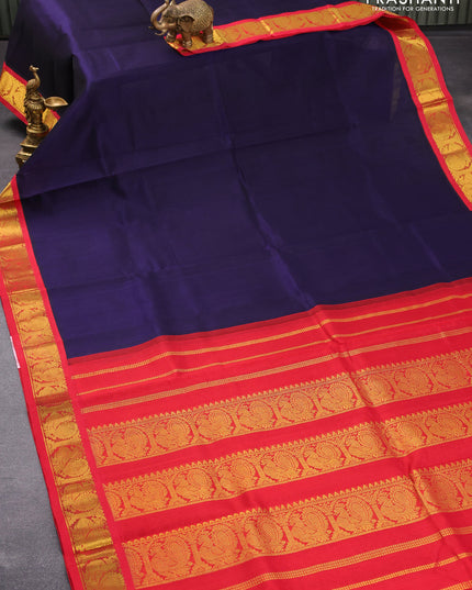 Silk cotton saree navy blue and red with plain body and annam zari woven korvai border