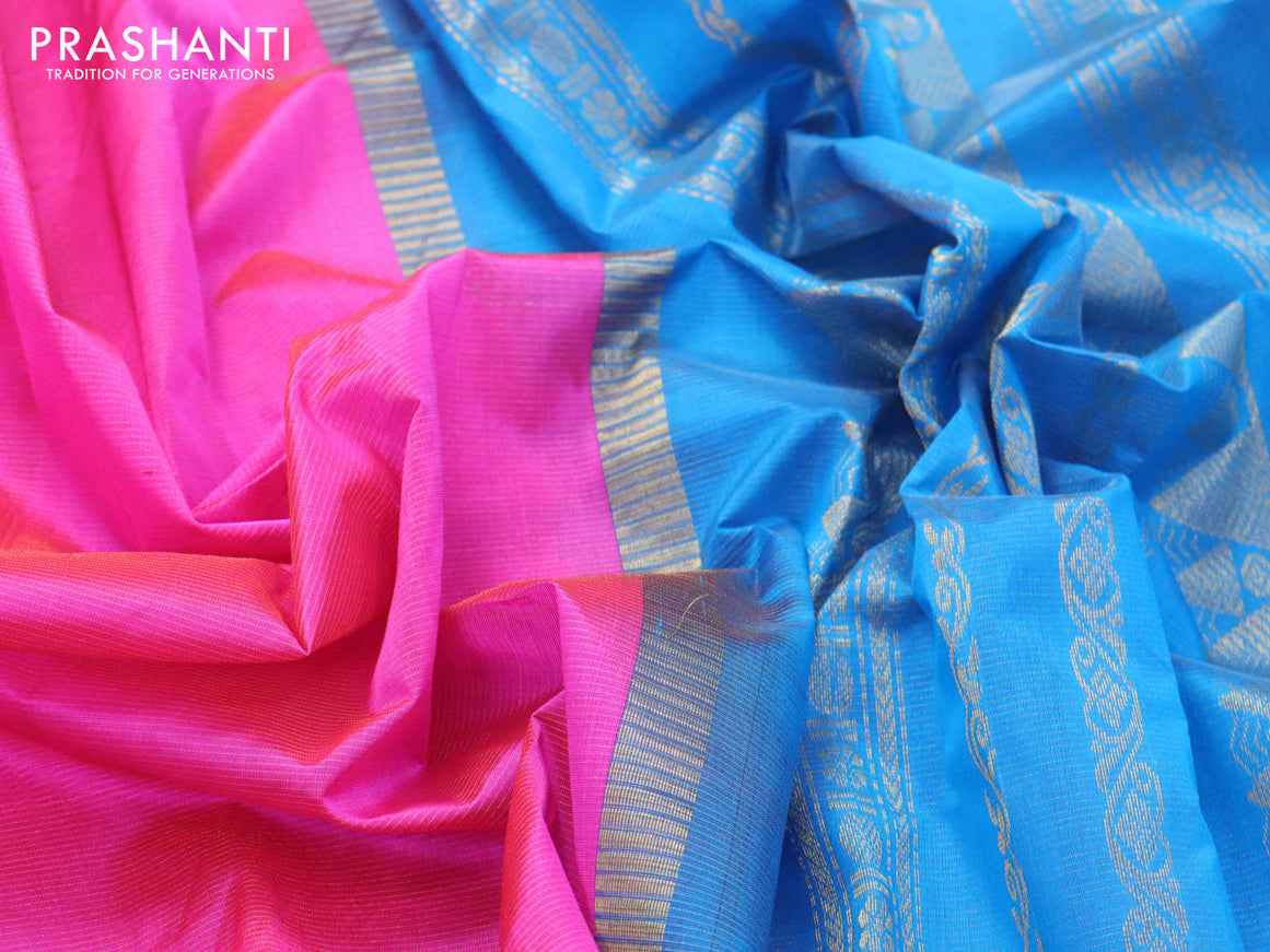 Silk cotton saree pink shade and cs blue with allover vairosi pattern and zari woven korvai border
