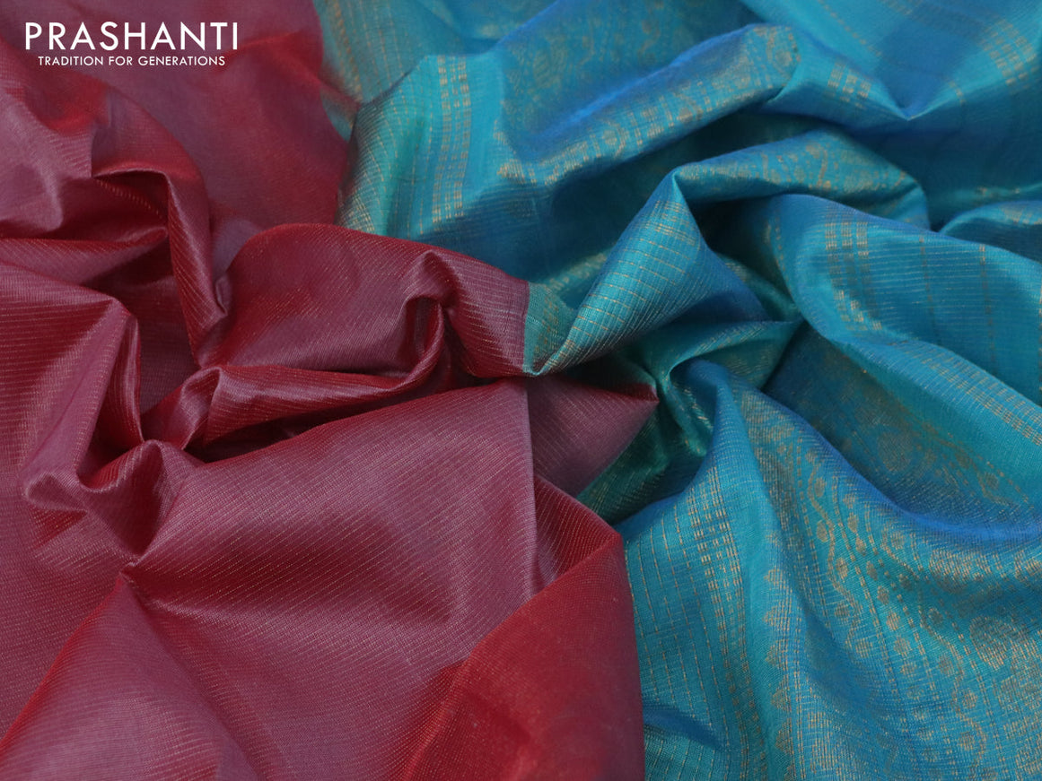Silk cotton saree maroon shade and blue with allover vairosi pattern and zari woven korvai border
