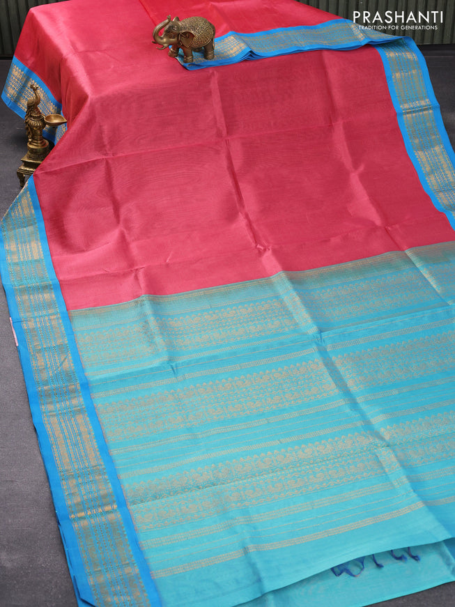 Silk cotton saree pink shade and blue with allover vairosi pattern and zari woven korvai border