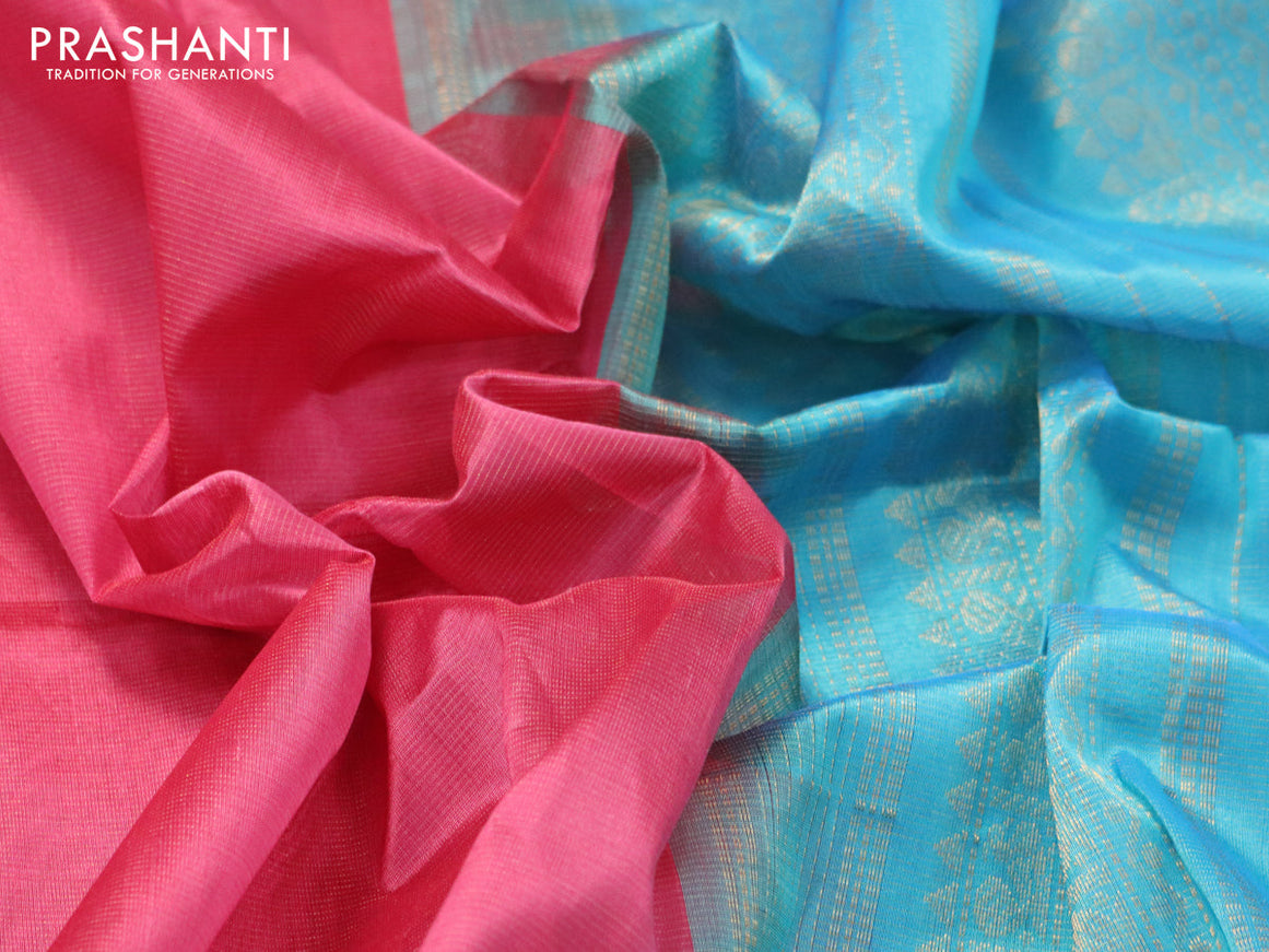 Silk cotton saree pink shade and blue with allover vairosi pattern and zari woven korvai border